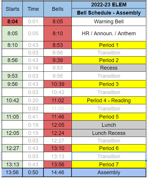 Bell Schedule 2022-23 – Riverview Middle School